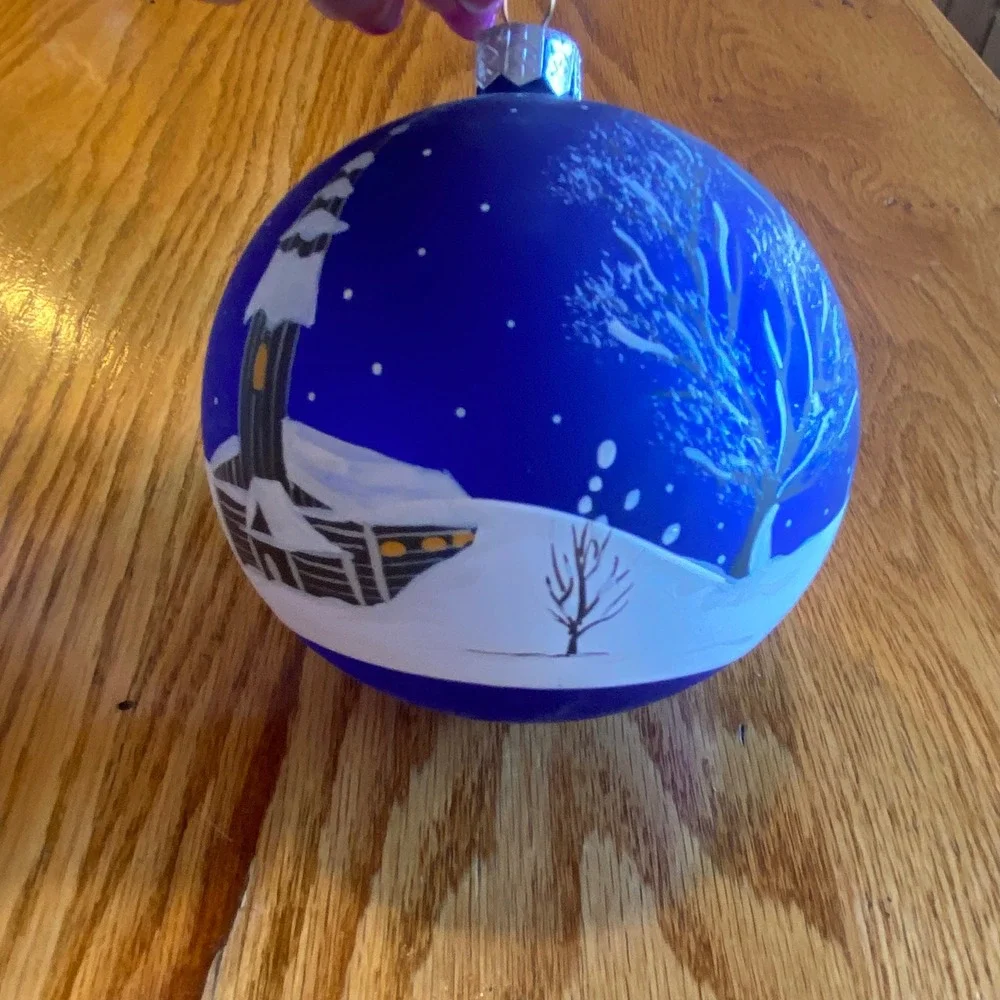Vintage Poland Hand Painted Blue Glass Christmas Ornament Winter Village Cabin